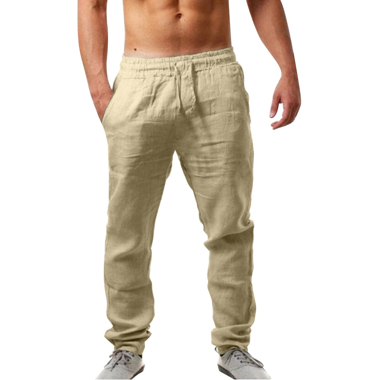 thumbnail image 2 of Pantalones de color liso con cintura elástica para hombre: pantalones informales holgados y transpirables, mezcla de lino, para la playa en verano y para el día a día., 2 of 6